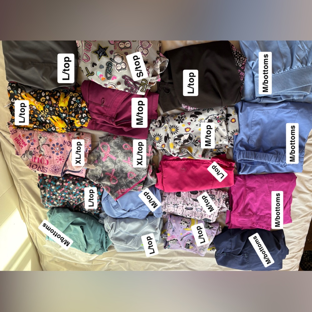 Scrub tops and bottoms 
Tops $5
Bottoms $7